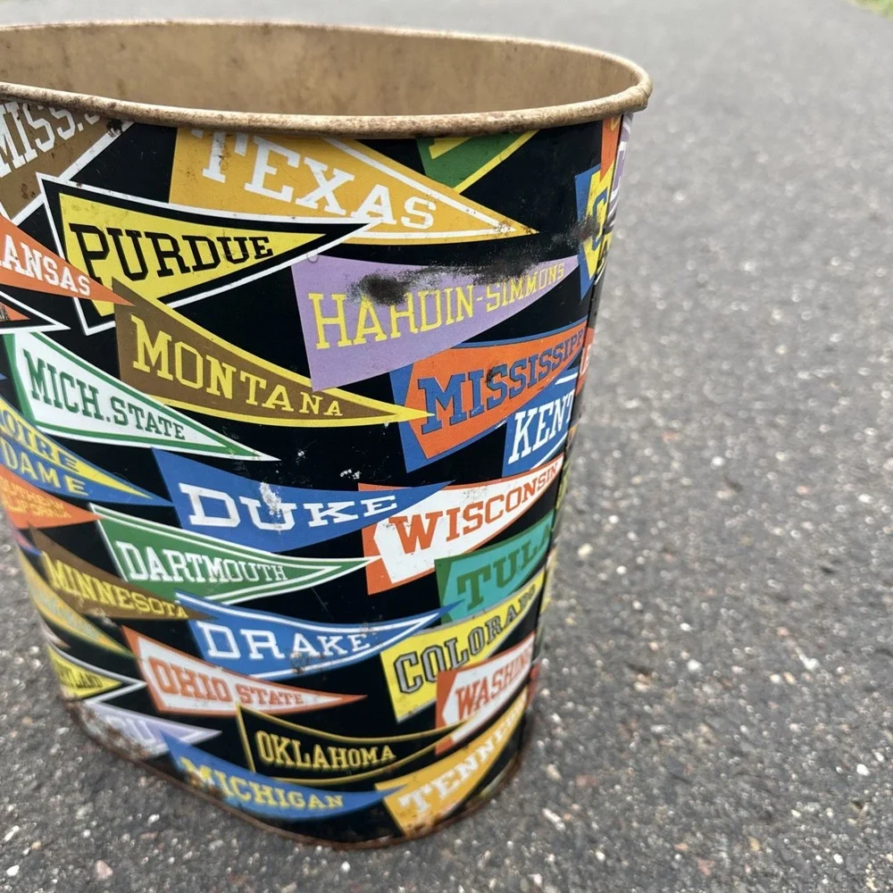 Vtg Decoware College Pennant Flags Metal Tin Trash Can Waste Paper Basket USA
